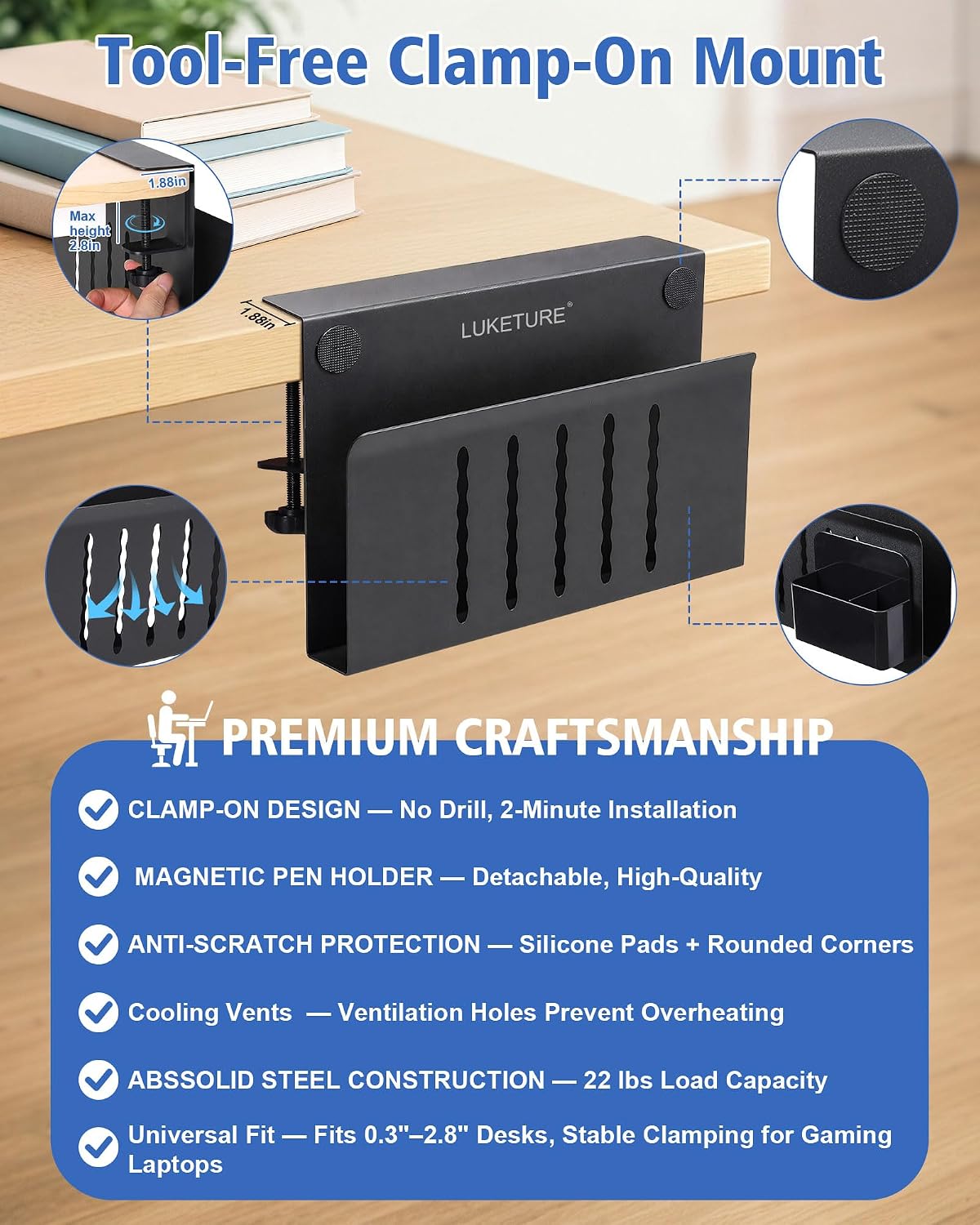 LUKETURE Soporte para laptop, almacenamiento lateral de escritorio...