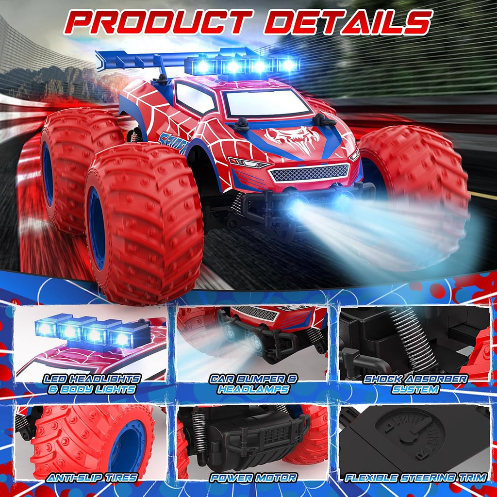 Auto a control remoto 1:18 – Camión monstruo todoterreno todoterreno de 12.4 mi/h 2.4 GHz con luces de carrocería, faros delanteros y faros, auto de juguete recargable de regalo para niños y