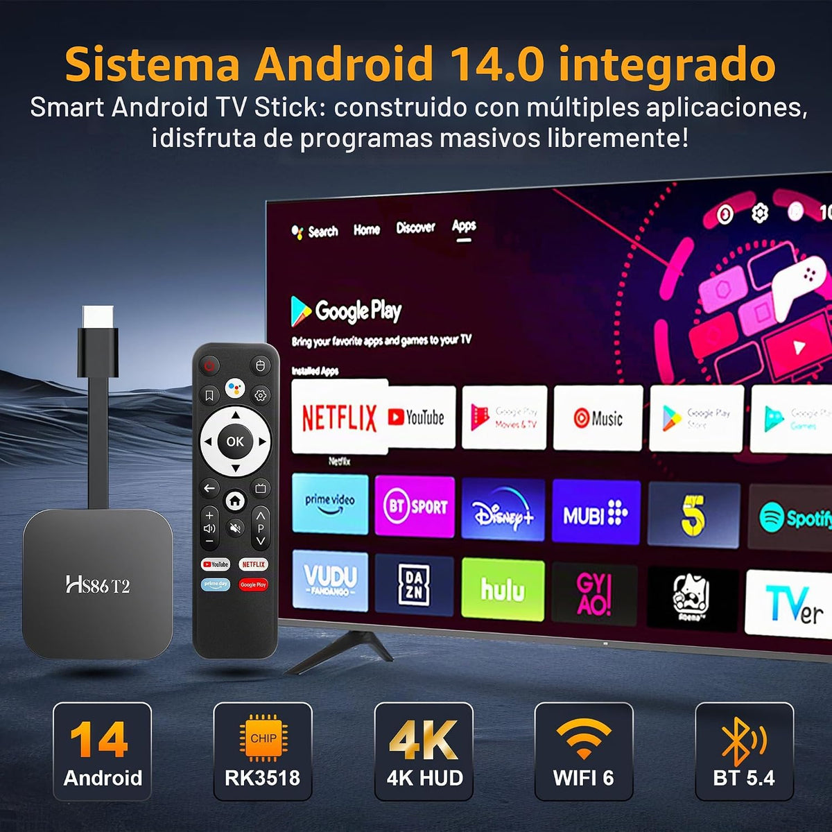 Android 14.0 TV Stick HS86 T2 4K 2GB RAM 16GB ROM Dual Wi-Fi BT5.4