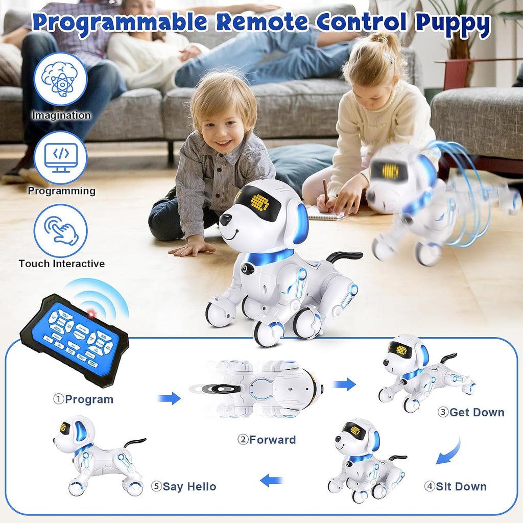 Robot Dog - Robot robot de control remoto con baile cantante, juguete para niños, 17 funciones E Interactivo Perro para 6+, programable inteligente interactivo robótico mascotas, azul y blanco
