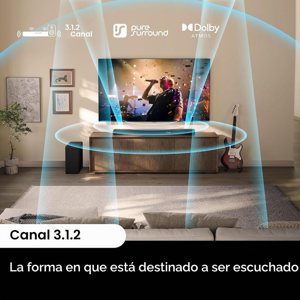 Hisense AX3120Q - Barra de sonido de 3.1.2 canales con subwoofer inalámbrico, altavoces de encendido ascendente, Dolby Atmos, DTS:X, Bluetooth 5.3, HDMI eARC, Roku TV Ready, control de aplicación y control remoto, 7 modos de ecualización, Hi-Concerto