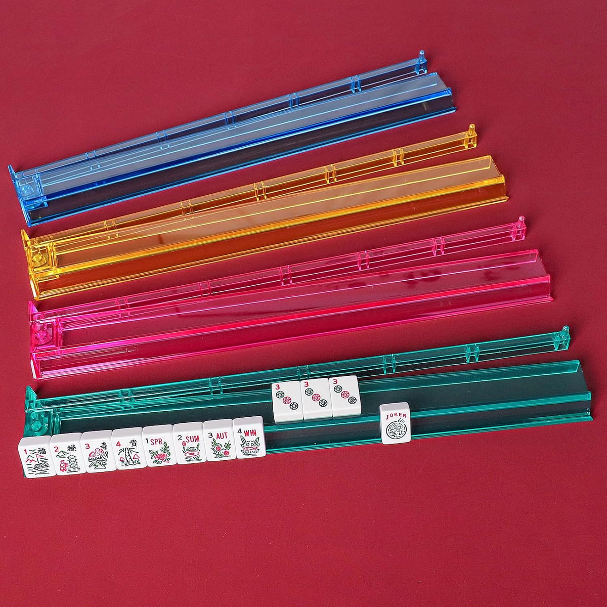 Juego de Mahjong Americano con Bolsa de Almacenamiento, 166 Fichas Blancas, 4 Bastidores/Impulsadores Todo-en-Uno, Juego de Fichas de Mahjong (Ma Jong, Mah-Jongg, Majiang)