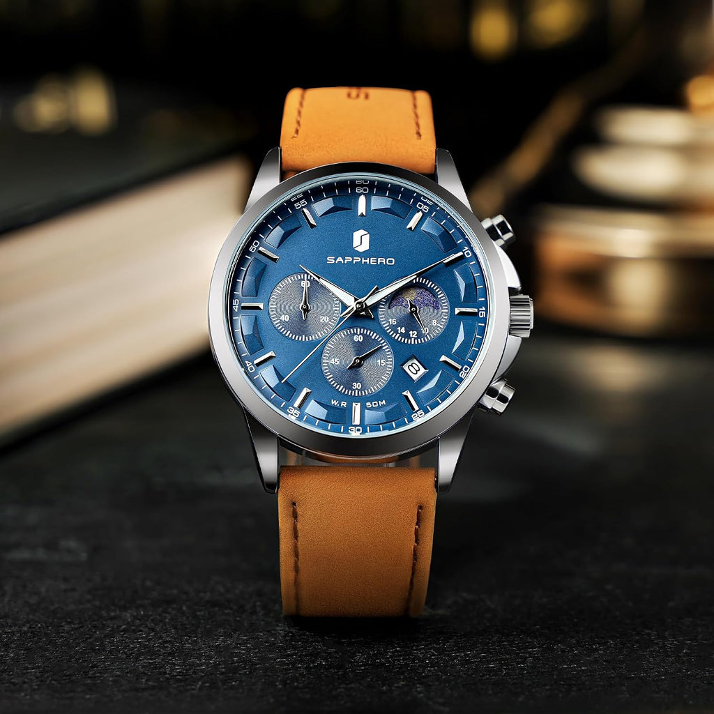 SAPPHERO Relojes cronógrafos para hombre, reloj analógico de acero inoxidable casual original para negocios, 50M, impermeable, luminoso, con esfera de fecha, regalo para hombre