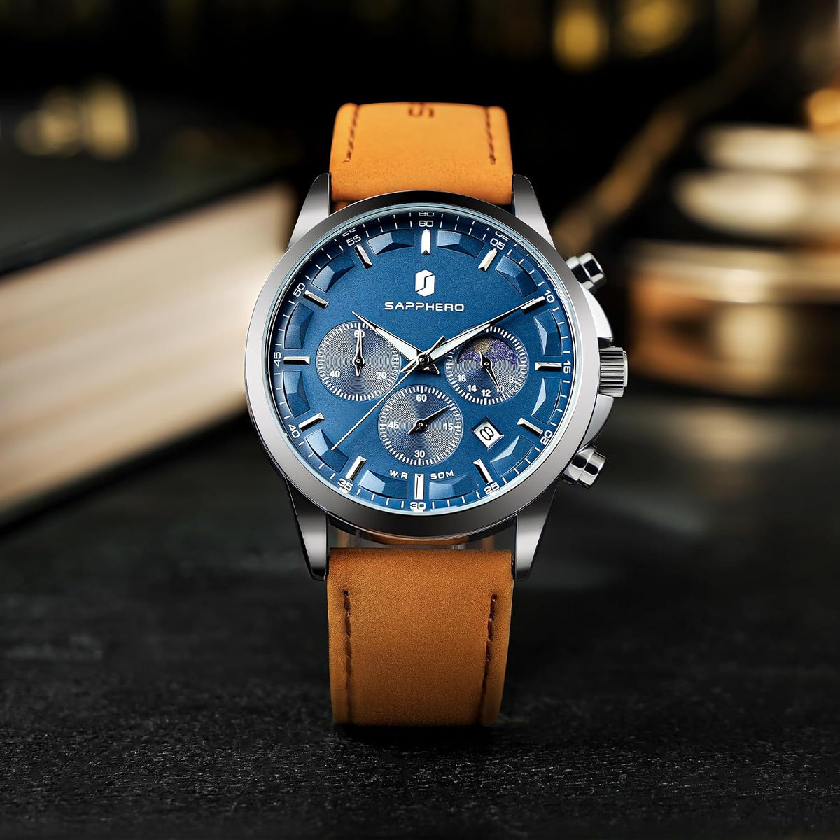 SAPPHERO Relojes cronógrafos para hombre, reloj analógico de acero inoxidable casual original para negocios, 50M, impermeable, luminoso, con esfera de fecha, regalo para hombre