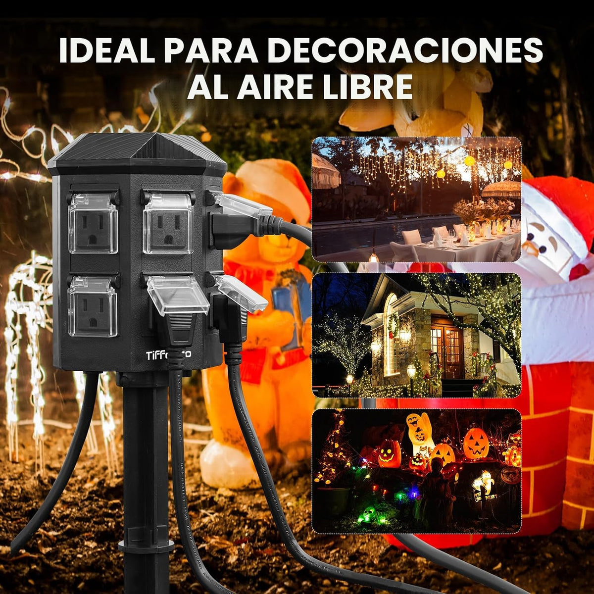 Tira de alimentación para exteriores resistente a la intemperie, cable de extensión de 25 pies con estaca, 6 tomas de tierra para decoraciones de Halloween y Navidad, 15A/1875W