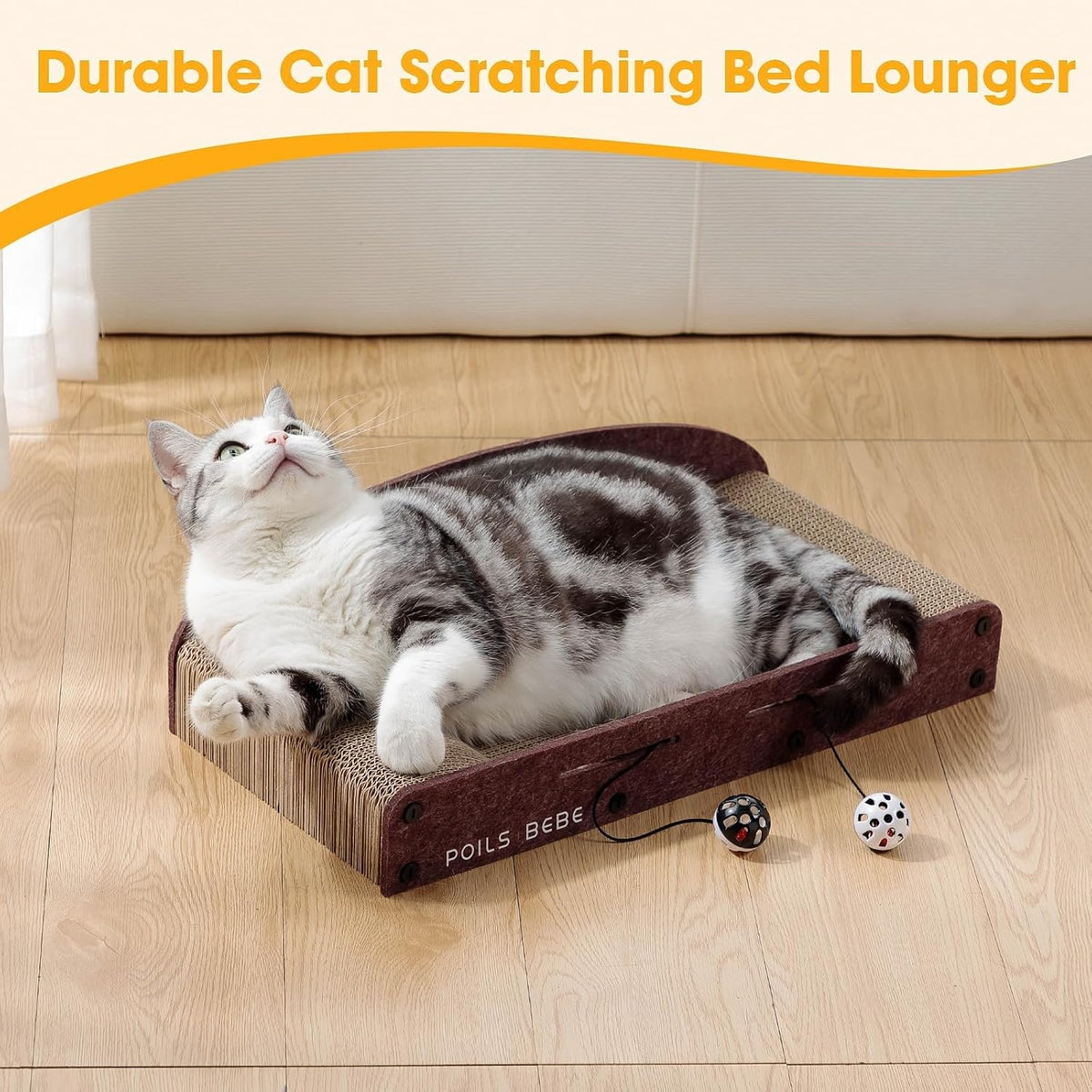 Rascador de sofá de 26 pulgadas, cartón pequeño para gatos con bolas de campana, tumbona duradera para gatos de interior, protector de muebles de arañazos para gatos con hierba gatera