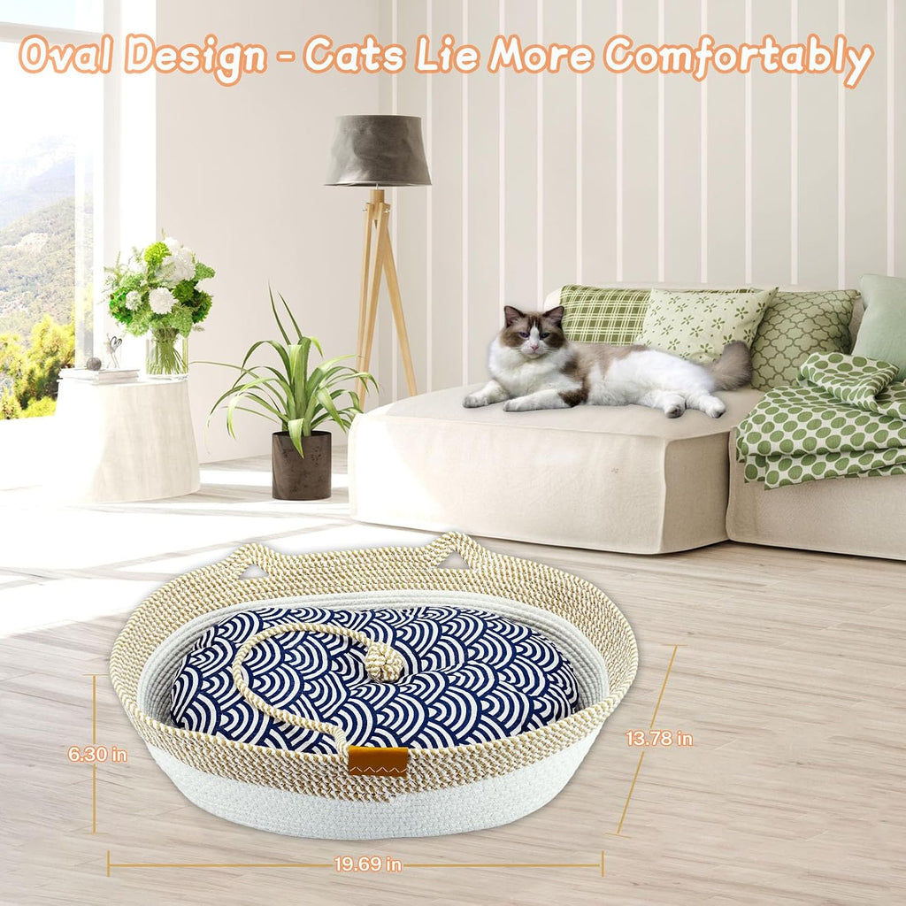 Cesta de cuerda para gatos, cama ovalada de algodón con