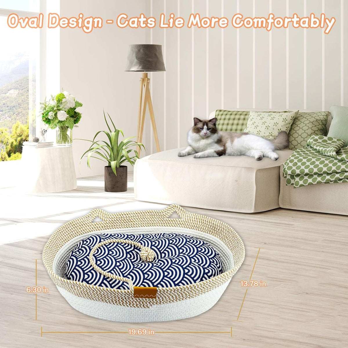 Cesta de cuerda para gatos, cama ovalada de algodón con