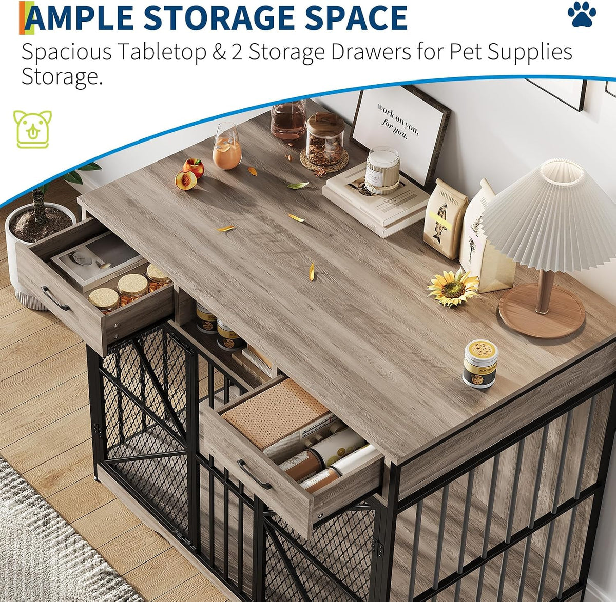 44" Gato de madera para jaula de perro Mesa lateral con cajones de almacenamiento y puertas de cierre doble