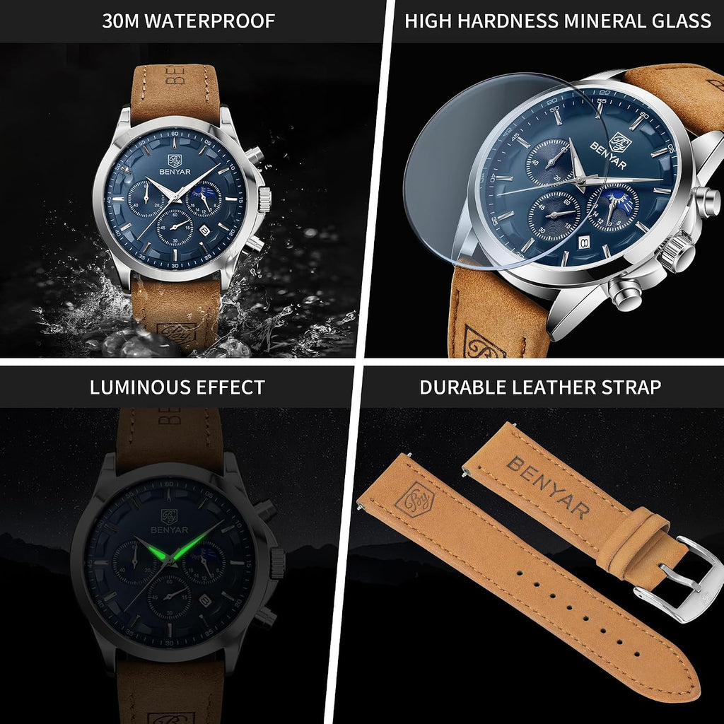 BENYAR Relojes para hombre, cronógrafo analógico de cuarzo, impermeables, relojes de pulsera para hombre, moda de negocios, trabajo, casual, deportivo, reloj de vestir con calendario