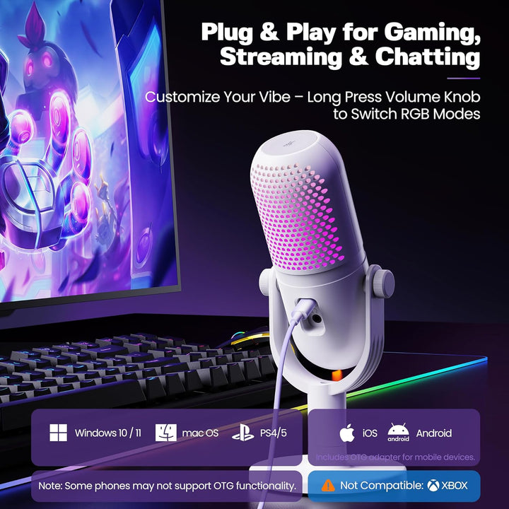 Micrófono USB para juegos de PC: Micrófono de condensador RGB para...