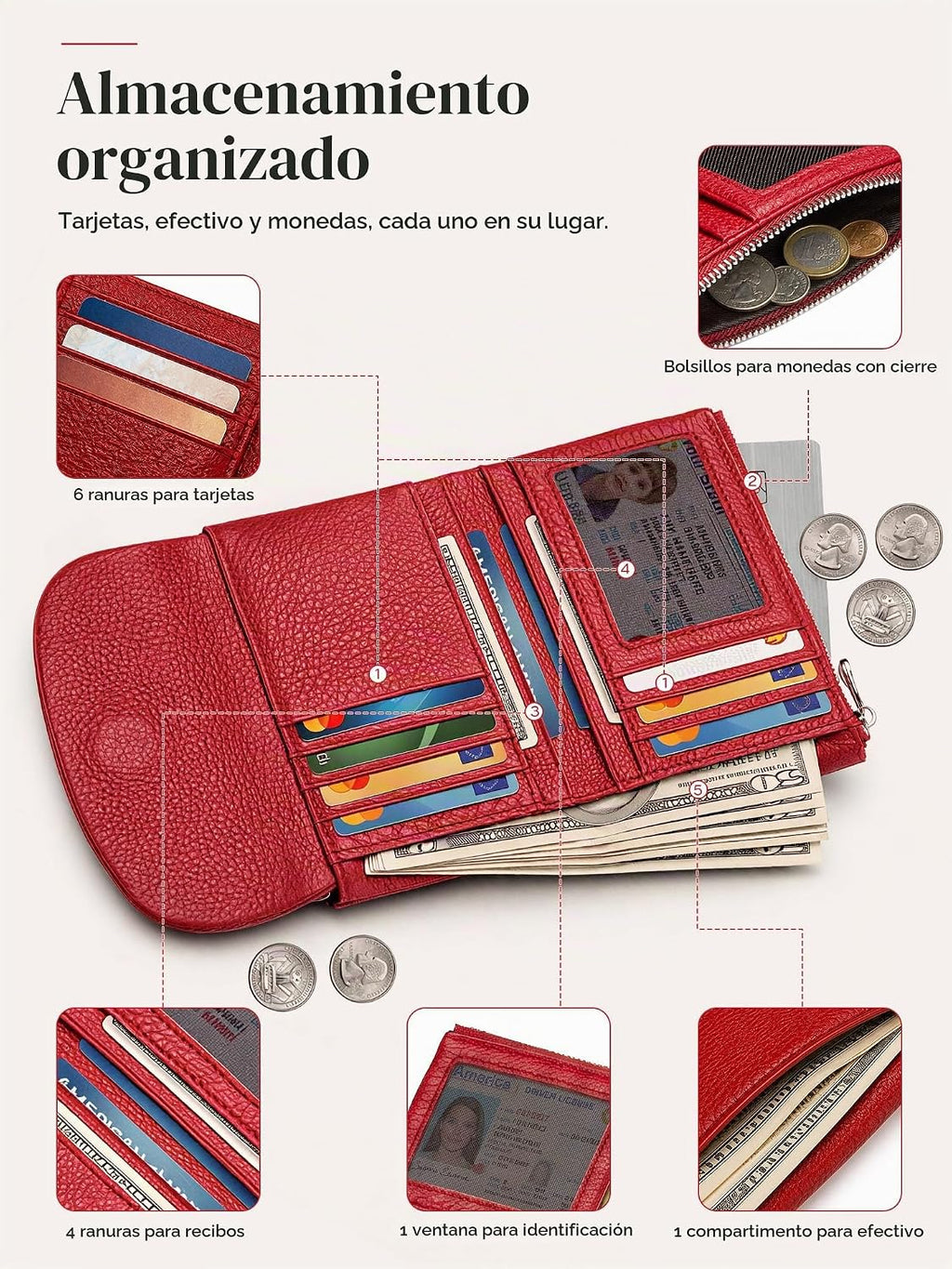Billetera para mujer, con bloqueo RFID, tarjetero de cuero