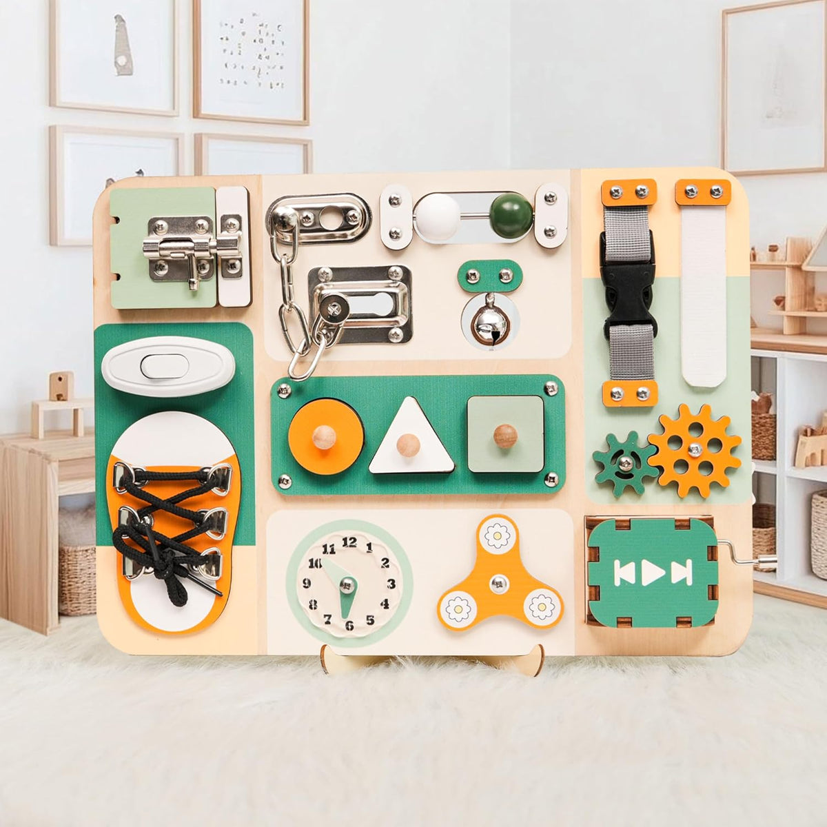 Montessori - Tabla de actividades sensoriales para bebés y niños pequeños de 1 a 3 años, tabla de actividades sensoriales de madera con 13 actividades, cerraduras y pestillos de metal real, juguete educativo para habilidades motoras finas para niños de 1,