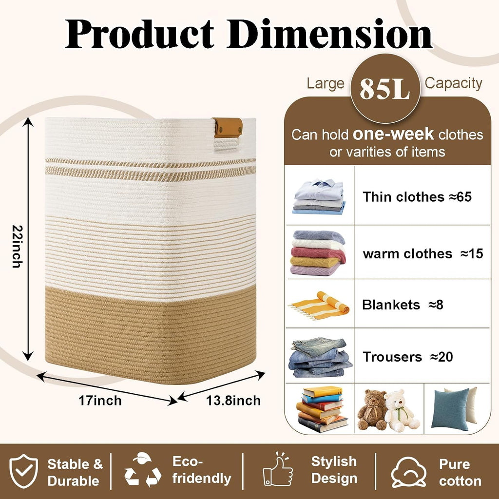 Cesta de lavandería de 85 litros de altura con asas de cuero, cesta de ropa rectangular grande para organizar, cestas de algodón tejido para lavandería, cestas de almacenamiento para