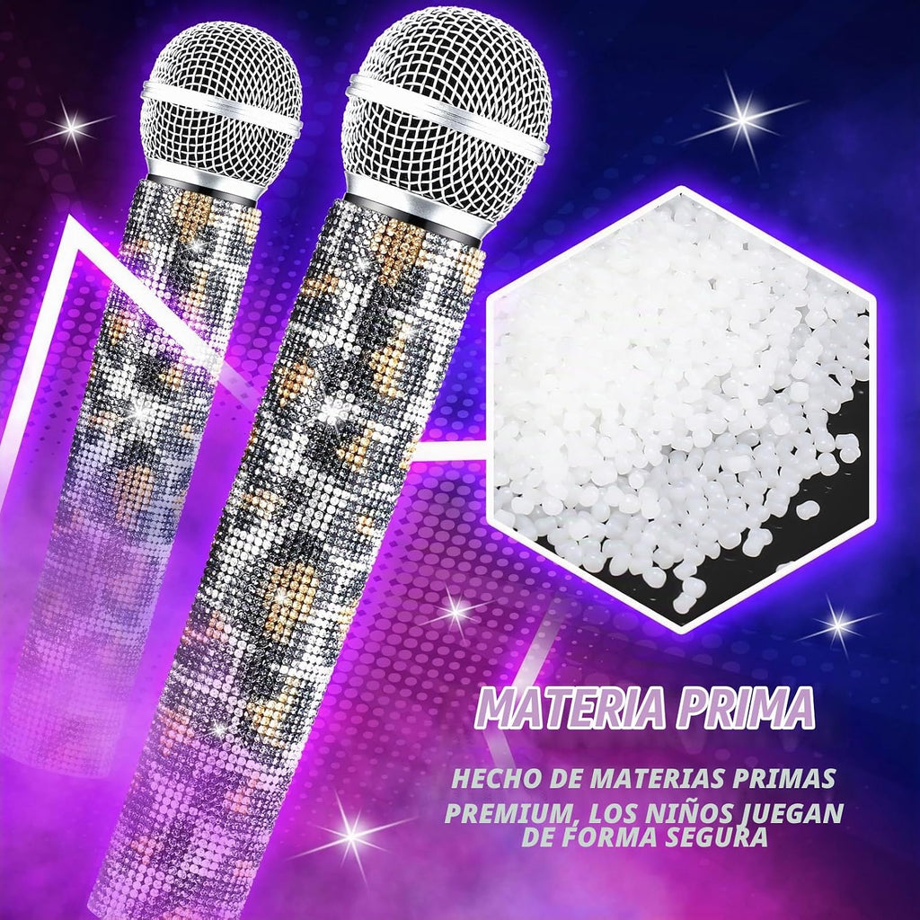 Micrófono falso con diamantes de imitación brillantes, micrófono de juego de plástico con purpurina para disfraz de fiesta de cosplay (leopardo)