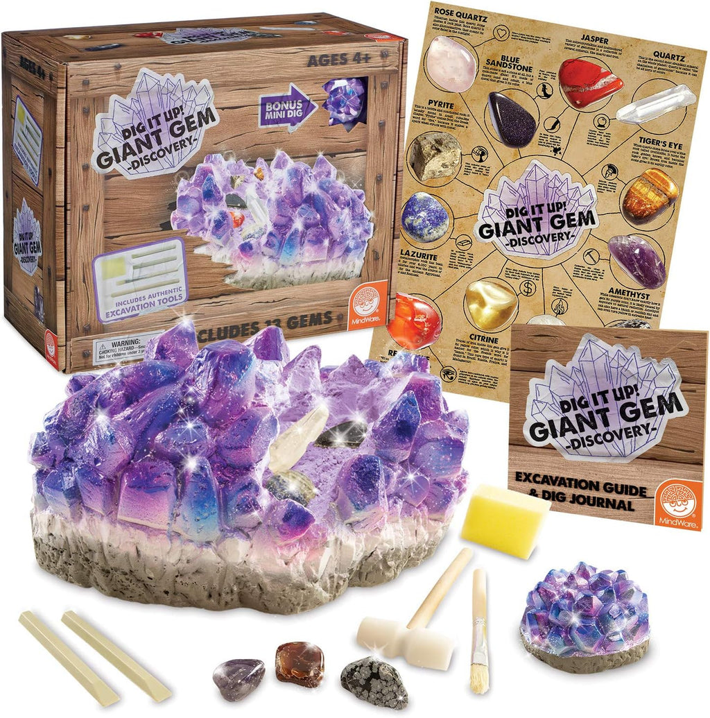 MindWare Dig It Up - Kit de descubrimiento de gemas gigantes, el kit de excavación de piedras preciosas ofrece geología para niños con 12 piedras preciosas ocultas pulidas reales, incluye 1 gema
