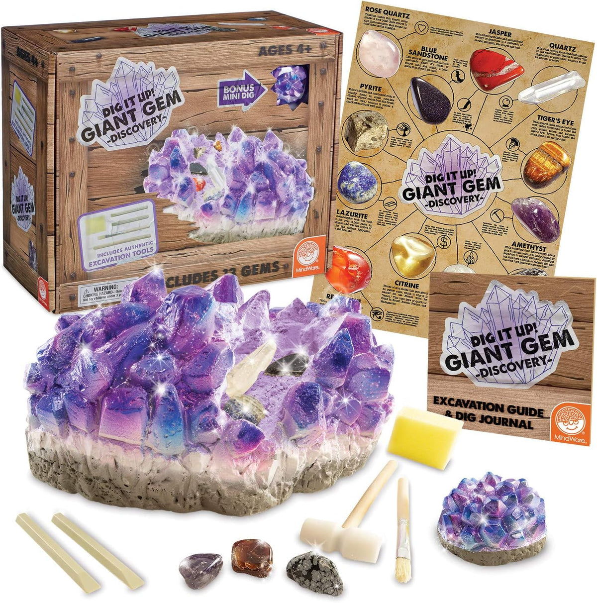 MindWare Dig It Up - Kit de descubrimiento de gemas gigantes, el kit de excavación de piedras preciosas ofrece geología para niños con 12 piedras preciosas ocultas pulidas reales, incluye 1 gema