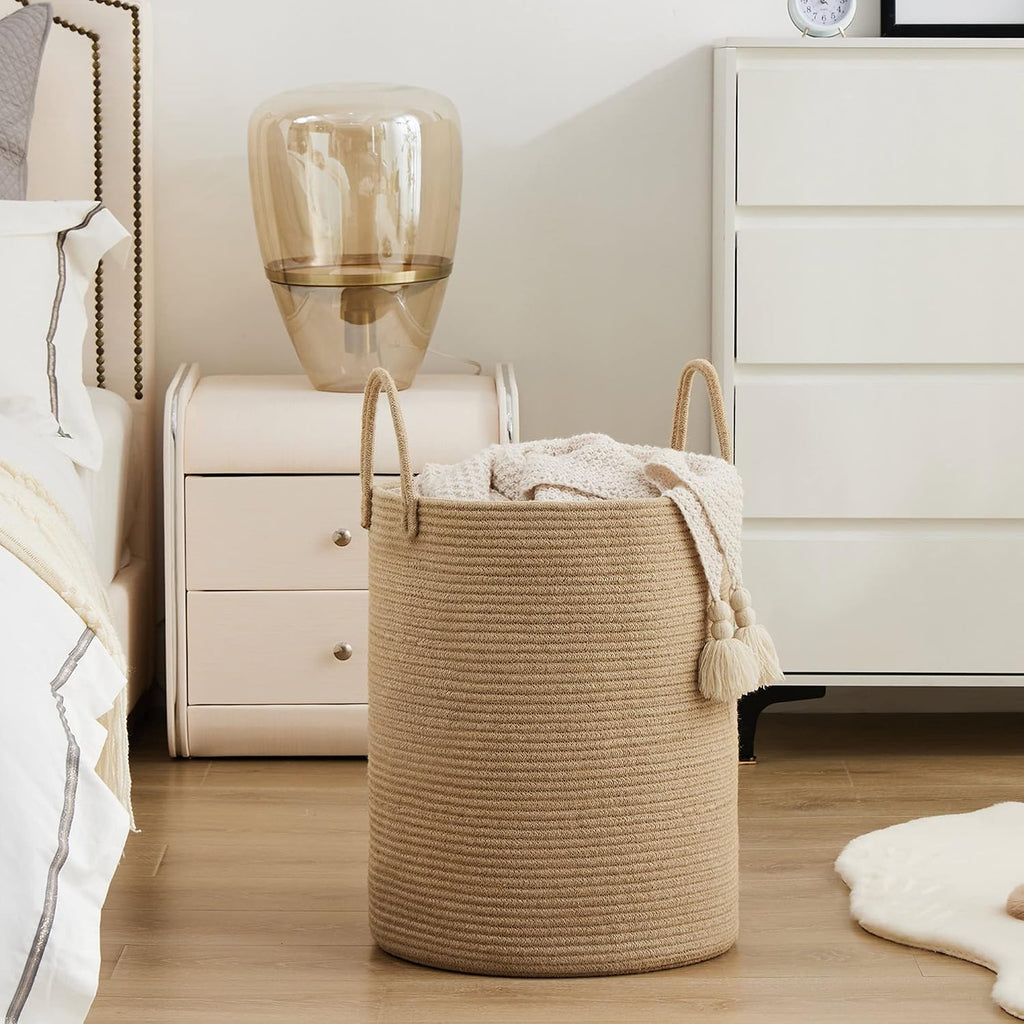Cesta Canasta de Lavandería de Cuerda de Yute por YOUDENOVA, Cesta de Lavandería Alta de 58L, Canasta de Cuarto de Bebé para Almacenamiento de Mantas para Dormitorio-Grande-Yute