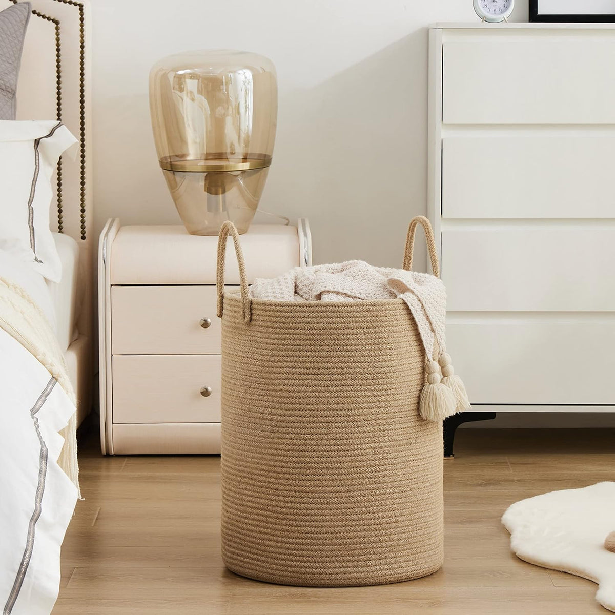 Cesta Canasta de Lavandería de Cuerda de Yute por YOUDENOVA, Cesta de Lavandería Alta de 58L, Canasta de Cuarto de Bebé para Almacenamiento de Mantas para Dormitorio-Grande-Yute