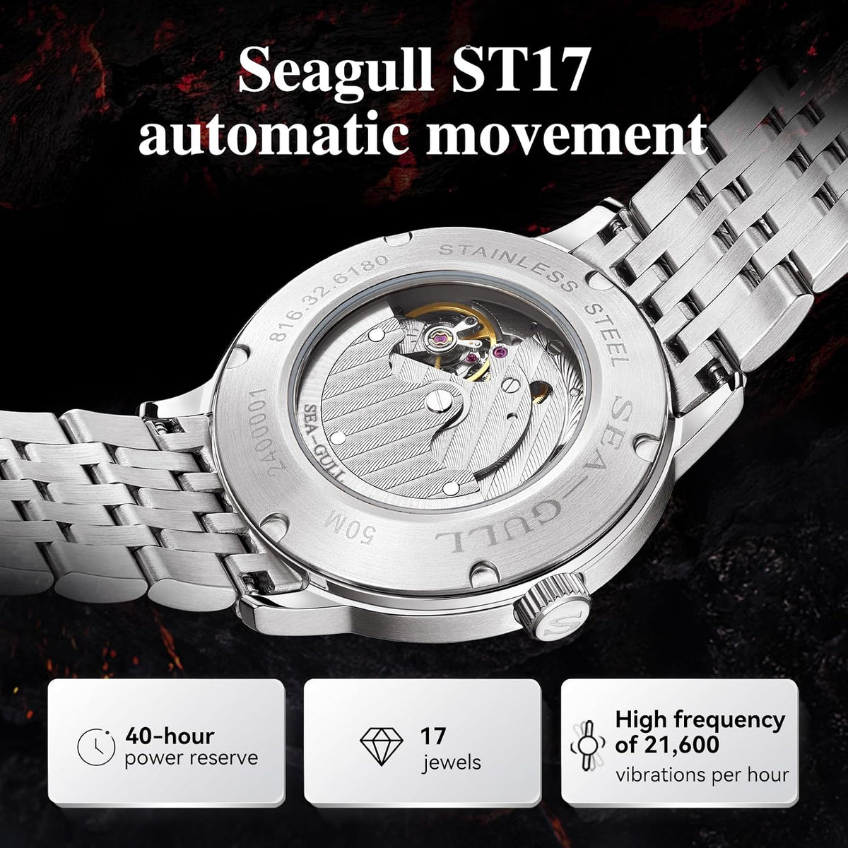 SEA-GULL Relojes mecánicos para hombre, Serie Natural, Reloj de pulsera automático, Subdial Polaris, Seagull ST17, Luminoso, 6180