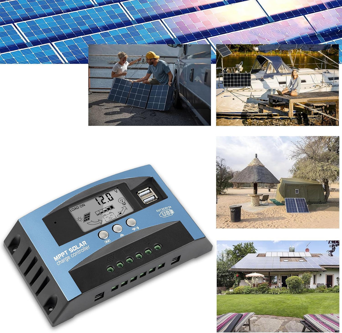 Controlador de carga de panel solar MPPT de 100 A, controlador de cargador de batería solar automático de 12 V/24 V con pantalla LCD, puerto USB dual y temporizador de ajuste de horas de encendido