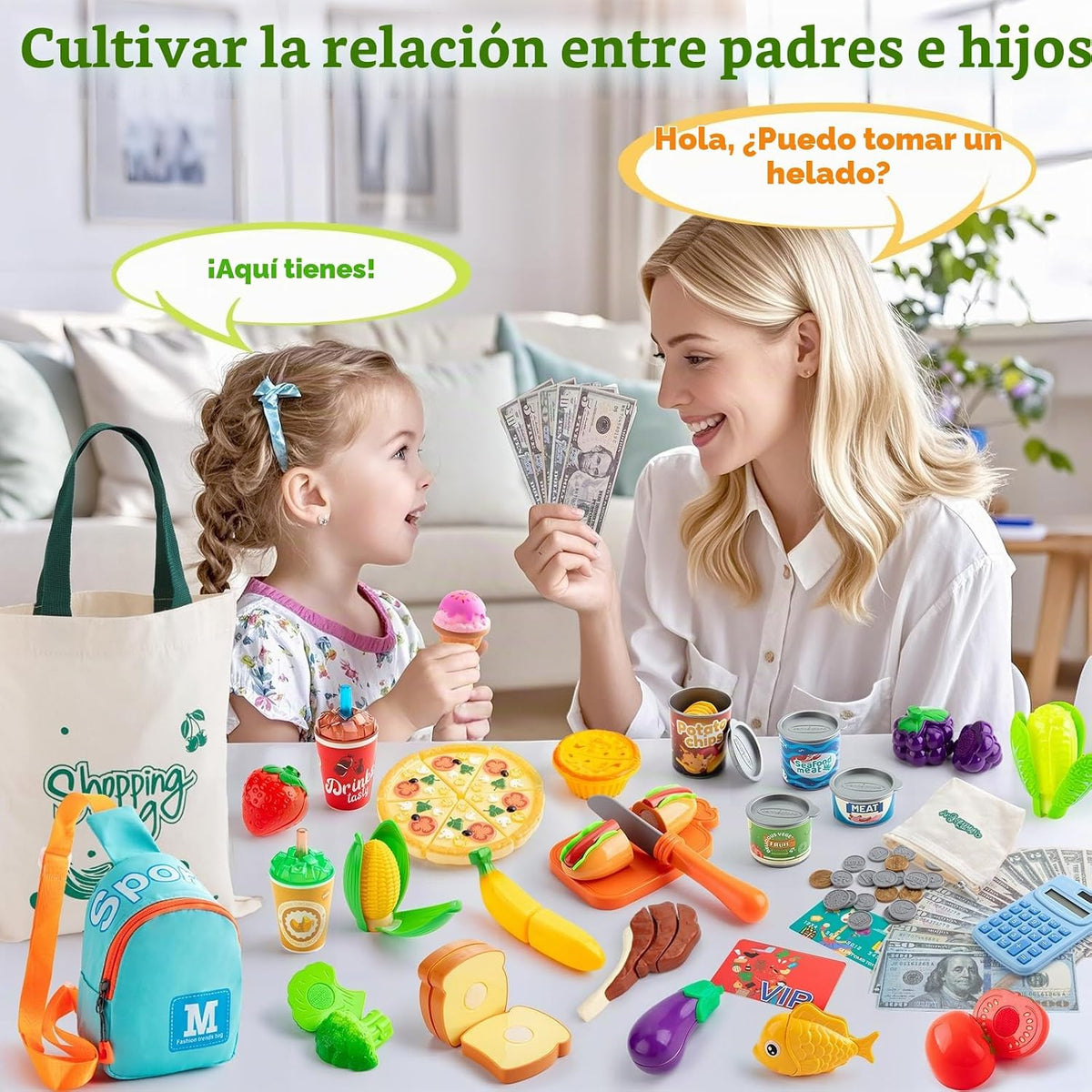 Juegos de comida de juego de simulación para cocina de niños, juego de tienda de comestibles con bolsas de compras, calculadora, juguetes de corte para niños pequeños, dinero de juego, bolsa de cabestrillo, accesorios de cocina de plástico para niños mayo