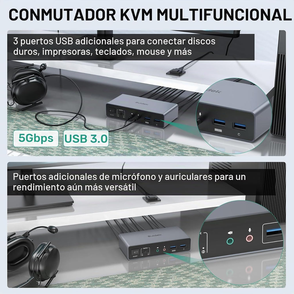 Conmutador KVM HDMI 2 monitores 2 computadoras - 4K@60Hz aluminio