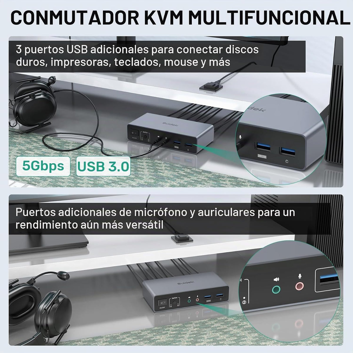 Conmutador KVM HDMI 2 monitores 2 computadoras - 4K@60Hz aluminio