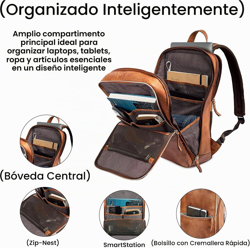 LEATHER VILLAGE Mochila de cuero para computadora portátil para hombres con correa de carretilla 16L Slim