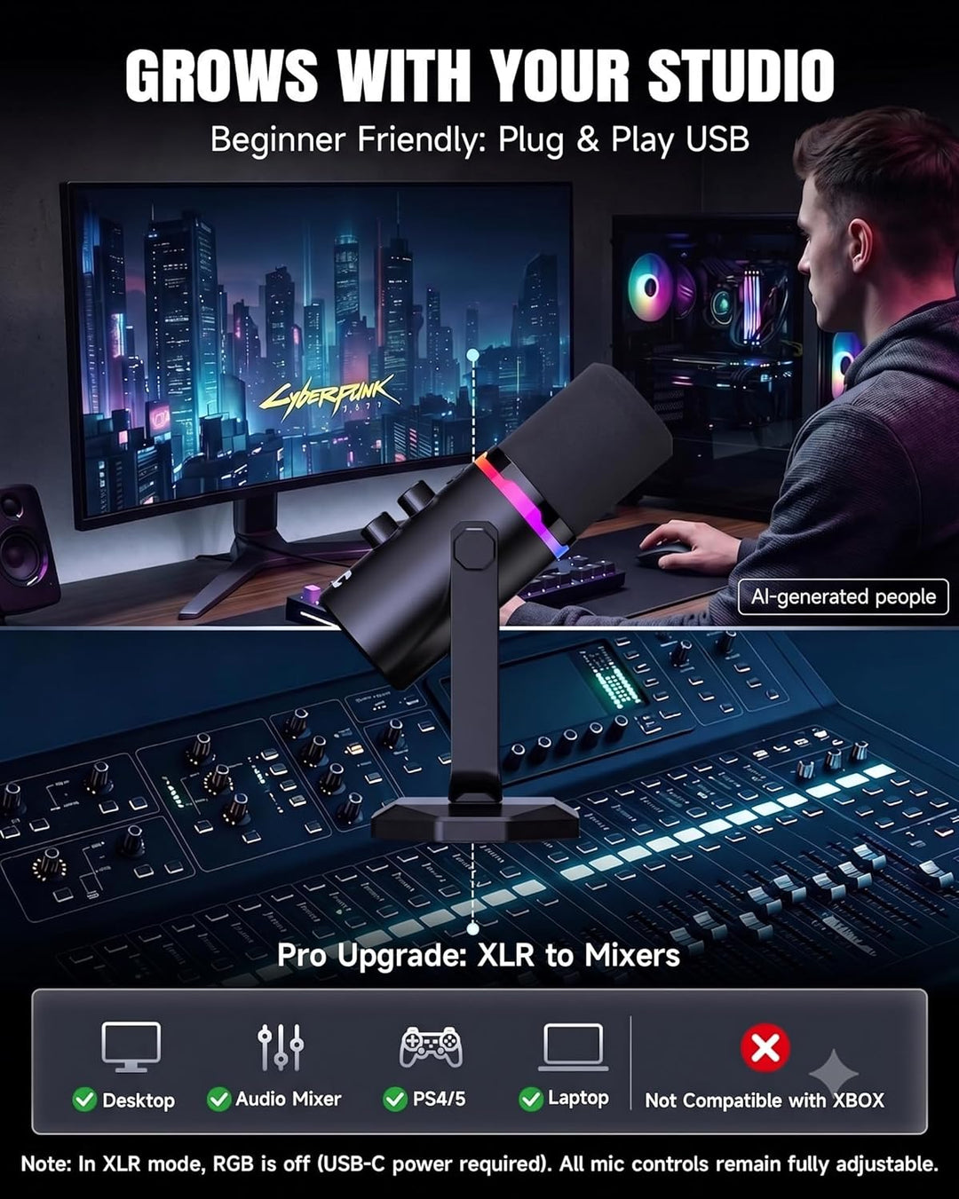 Micrófono dinámico AOC USB\/XLR para juegos de PC, podcasts y graba...