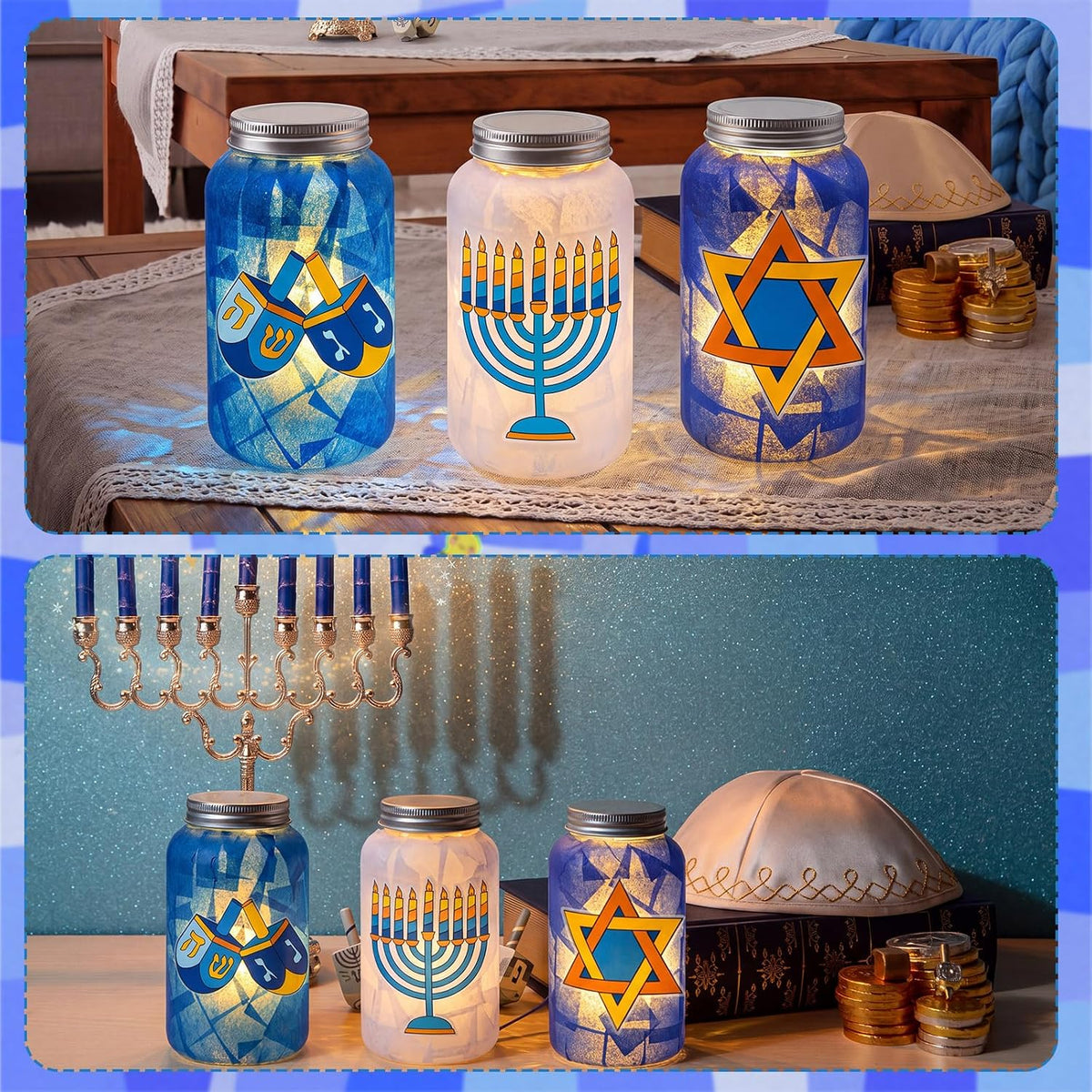 Qinyoung 12 Set Hanukkah Craft Mason Jar Craft con LED Candle Chanukah Set