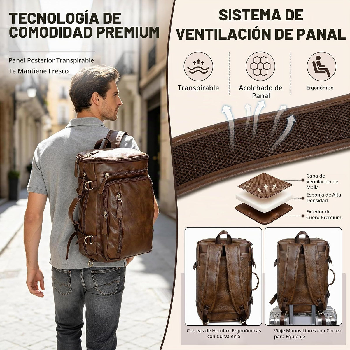 GOWIN Mochila de cuero vegano para portátil, maletín híbrido de 17 pulgadas, mochila de viaje para computadora portátil, mochila de senderismo para la universidad para hombres, Marrón