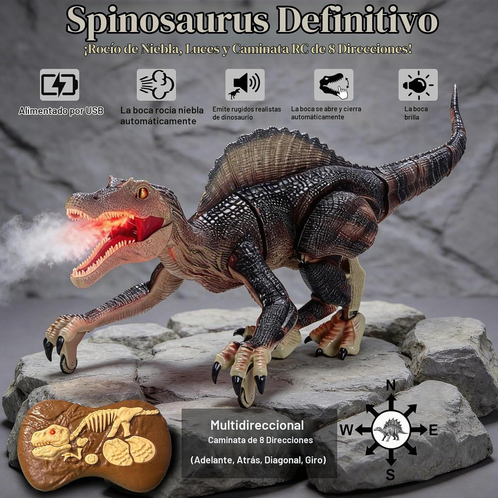 Juguetes de dinosaurio con control remoto para niños, juguete electrónico RC Spray Raptor, juguete para caminar, rugiente, espinosaurio jurásico, realista, 18.1 pulgadas, regalo de cumpleaños