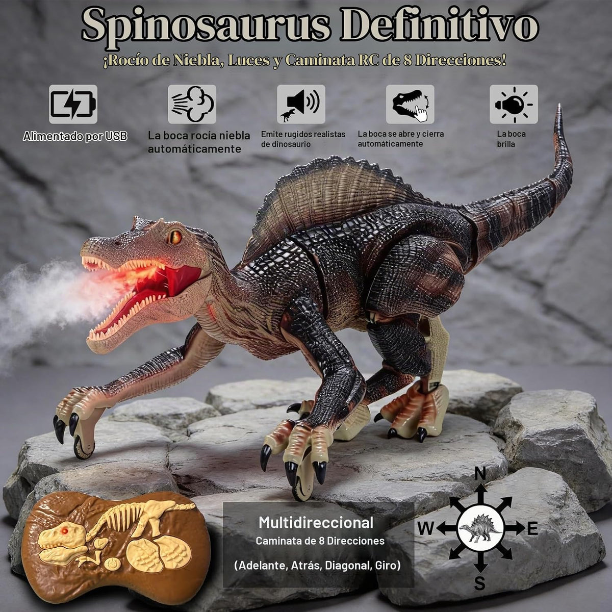 Juguetes de dinosaurio con control remoto para niños, juguete electrónico RC Spray Raptor, juguete para caminar, rugiente, espinosaurio jurásico, realista, 18.1 pulgadas, regalo de cumpleaños