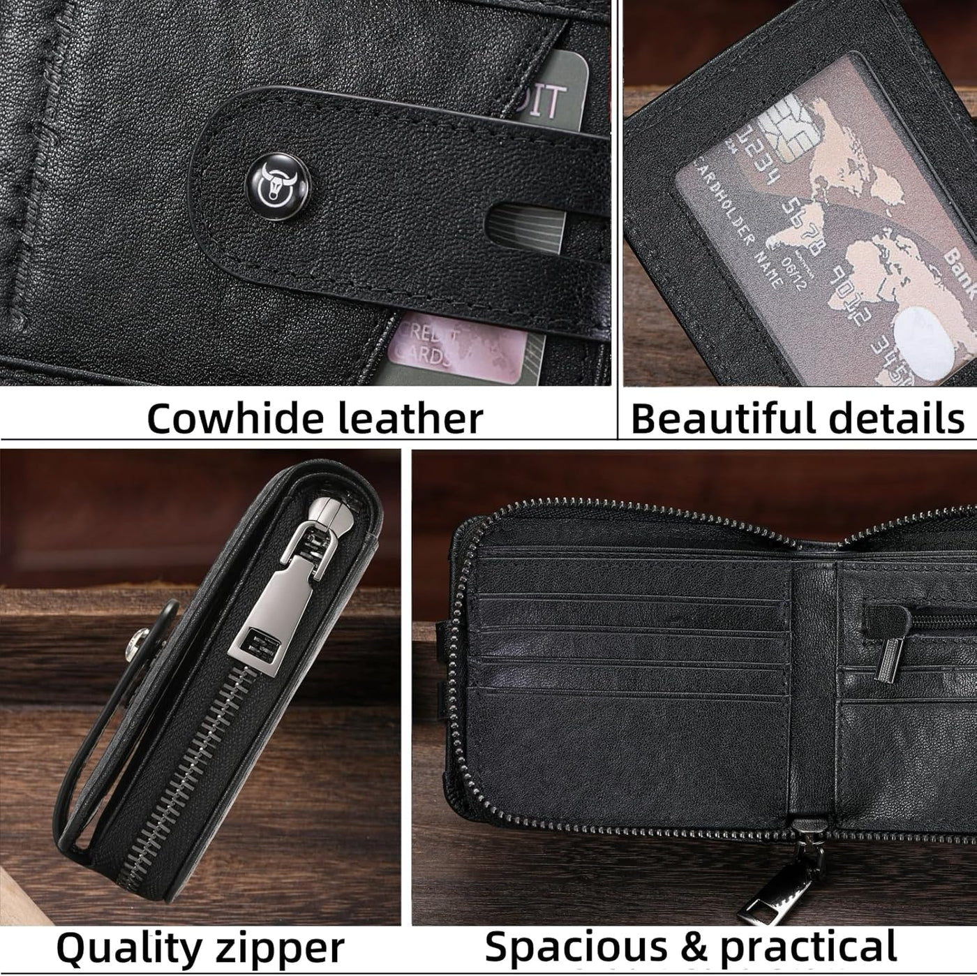 BULLCAPTAIN Billetera de cuero genuino para hombre con cremallera,...