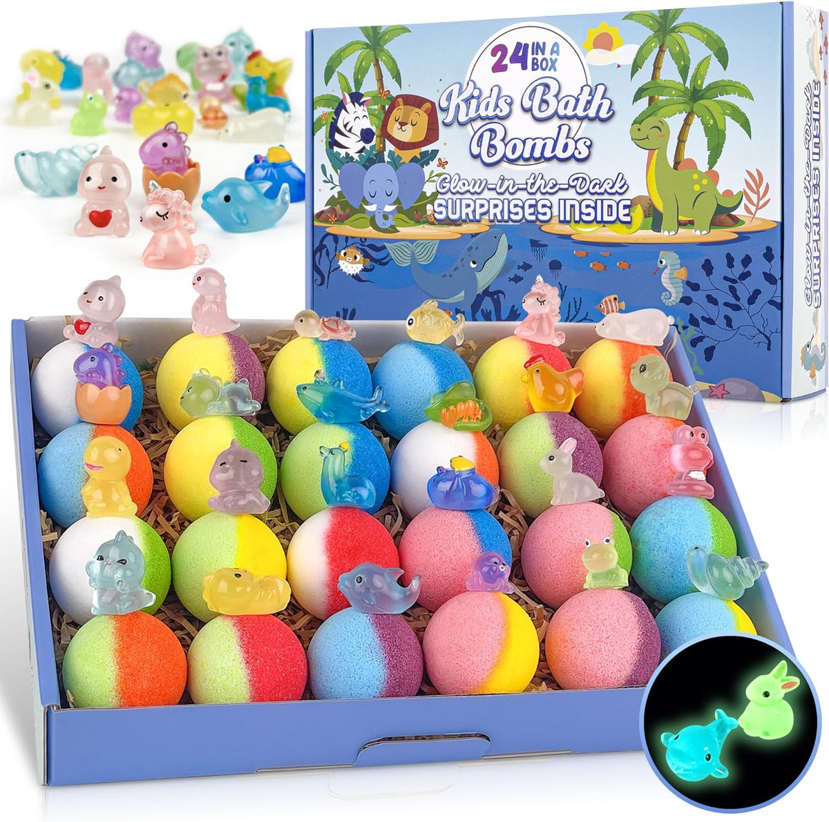 Bombas de baño para niños, 24 bombas de baño con sorpresa que brilla en la oscuridad en el interior, burbujas coloridas naturales y orgánicas para niños, regalo perfecto de cumpleaños, Halloween o
