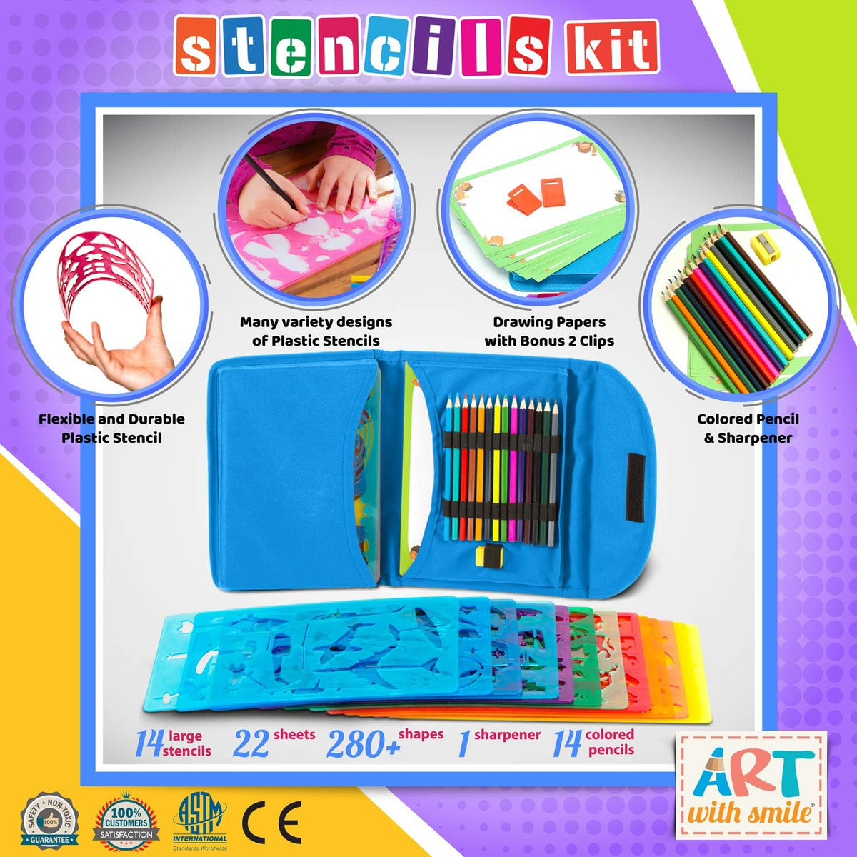 Juego de plantillas de dibujo para niños (55 piezas) – Artes y manualidades para niñas y niños – El mejor regalo para niños – Kit de creatividad ideal y actividad de viaje con más de 300 formas (azul)
