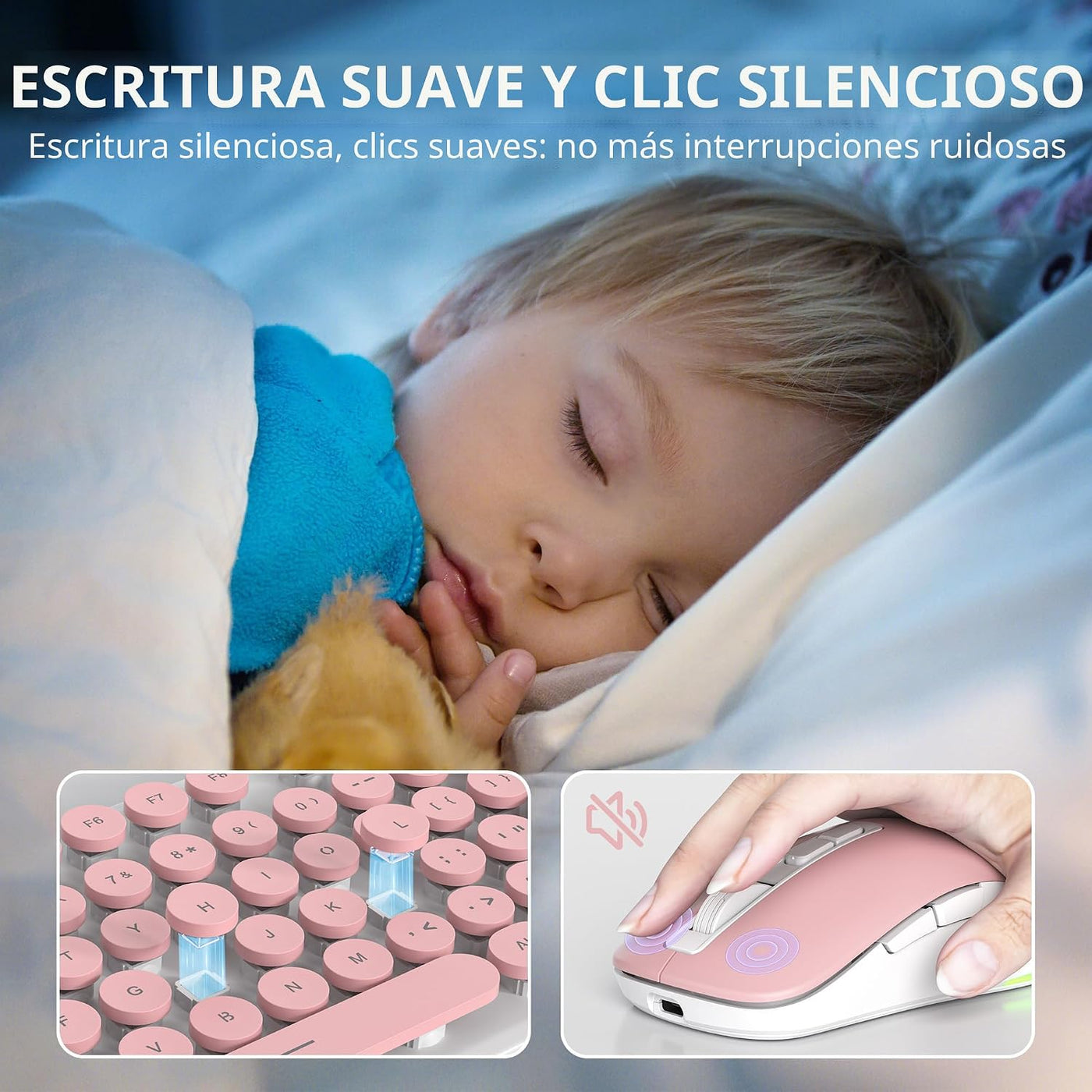 Vumilstek Teclado y mouse rosa retroiluminado, máquina de escribir...