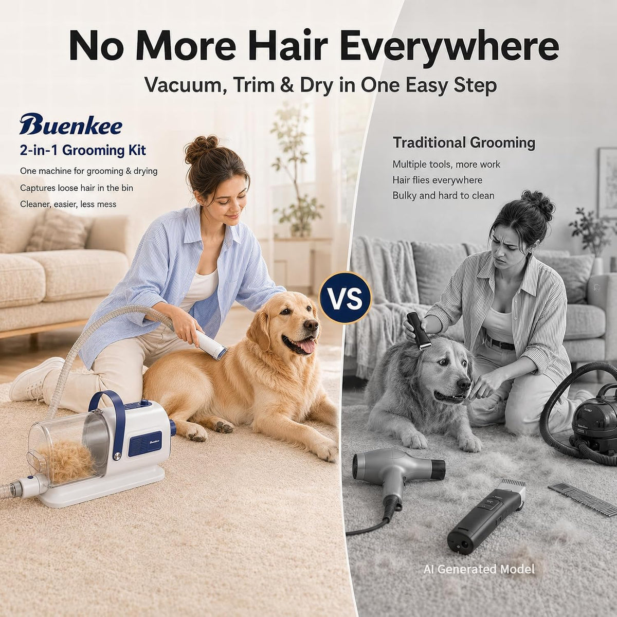 Buenkee Kit de Grooming para Perros: Aspiradora & Secador de Pelo 2 en 1, Cortapelos, Succión de 15000 Pa