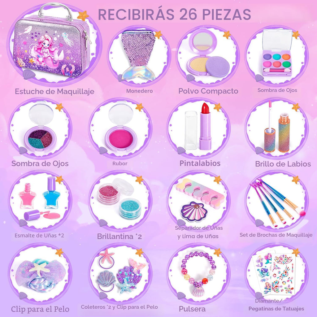 Hohosunlar Set de Maquillaje para Niñas Toys, Regalo de Cumpleaños de Sirena 3 4 5 6 7 8