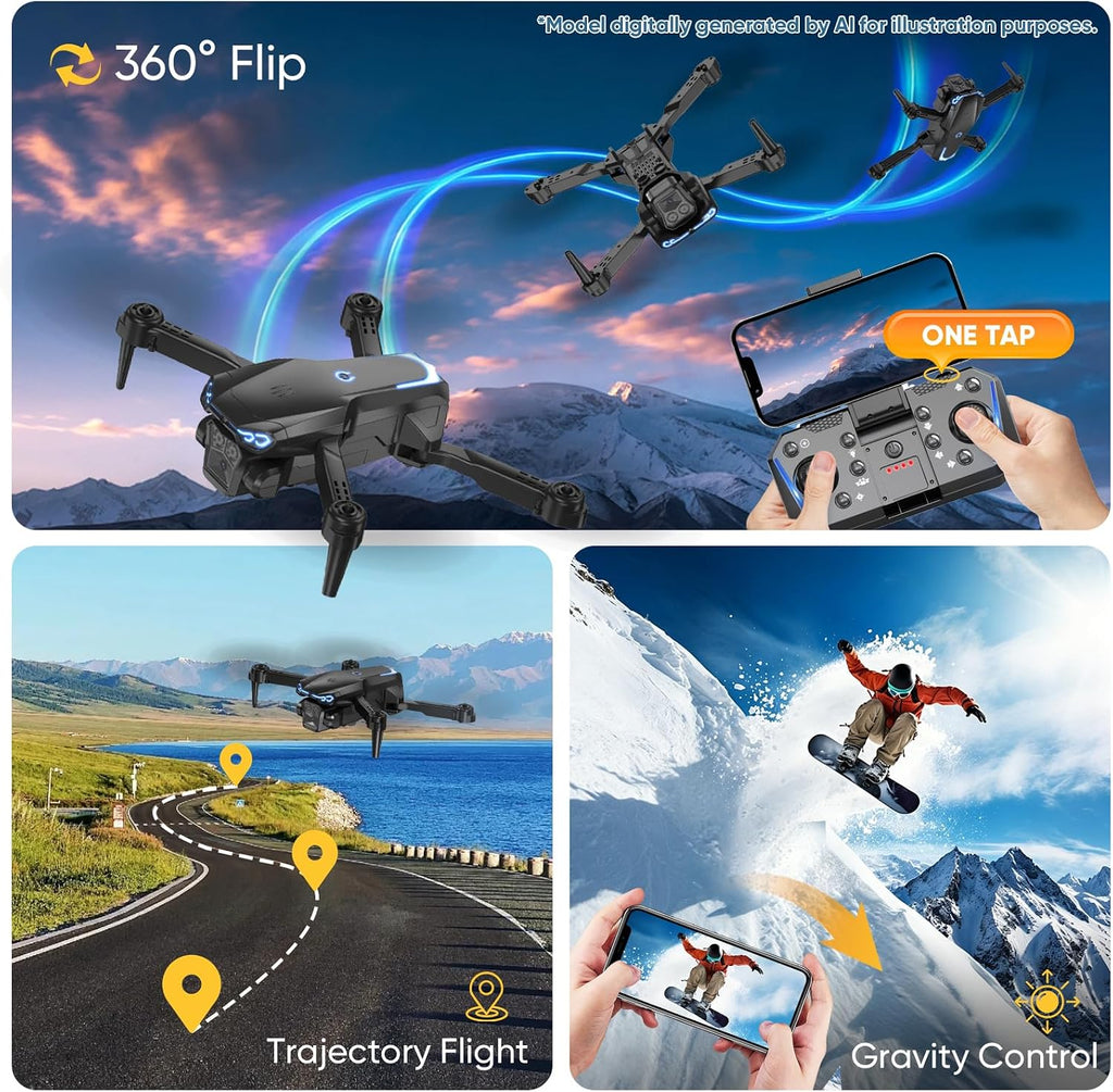 Drone 1080P con cámara para niños y adultos principiantes, cuadricóptero FPV plegable con una tecla de despegue/aterrizaje, control de gestos, giros de 360°, 2 baterías