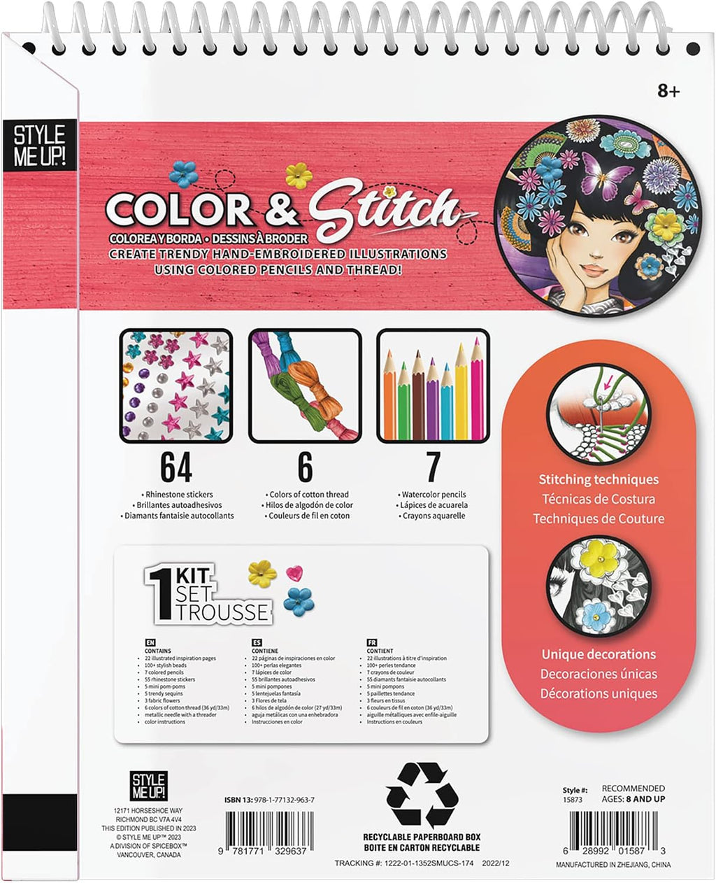 Style Me Up: Color & Stitch, kit de arte para niños, incluye 22 hojas de papel ilustradas, las plantillas cuentan con una gama de diseños, para edades de 8 años en adelante