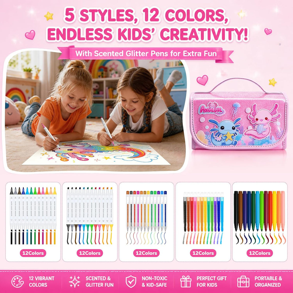 DreamyCandy Juego de 70 marcadores lavables para niños de 4 a 8 años, set de arte de ajolote