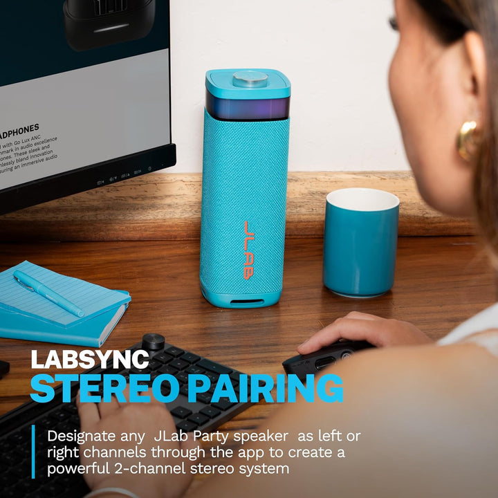 JLab JBuds Party Altavoz Bluetooth portátil, 2 controladores de ran...