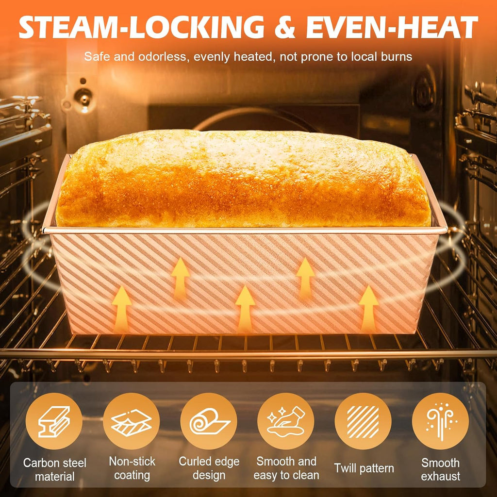 Pullman - Molde para pan con tapa, paquete de 2 unidades de 2.2 libras y 1 libra de capacidad de masa, sartén antiadherente de acero al carbono para pan sándwich y panes de masa madre, molde cuadrado para tostadas con herramientas para hornear, embalaje
