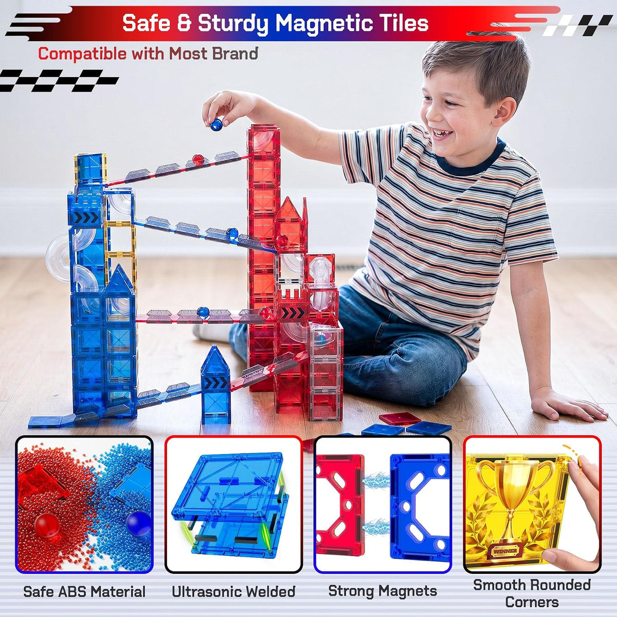 73 piezas de azulejos magnéticos Marble Run para niños, pista de carreras de
