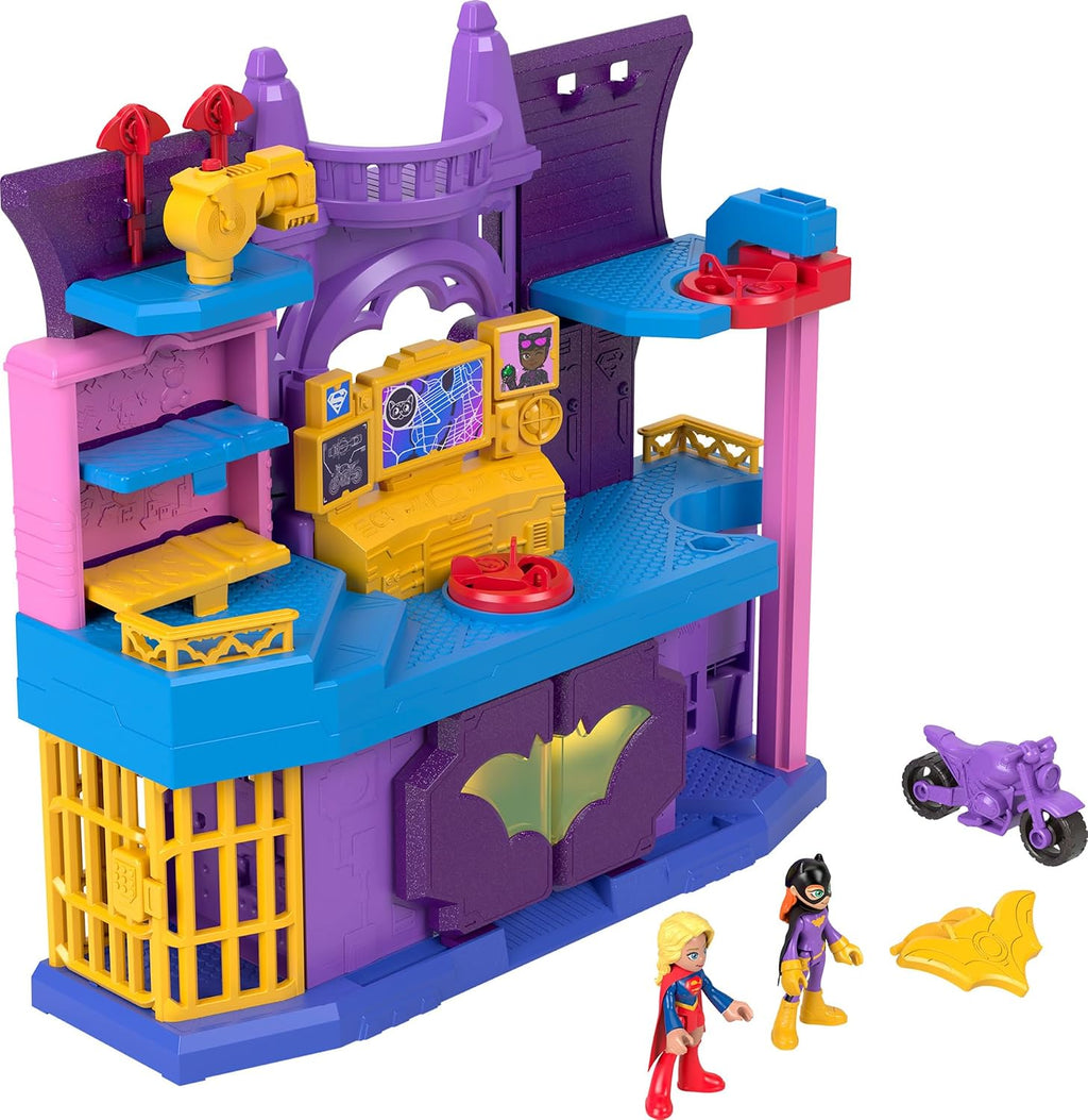 Set de juego de Super Amigos DC figuras de acción de Batichica y escondite de Fisher-Price Imaginext con 2 figuras y 5 accesorios para juego de rol para niños de 3+ años