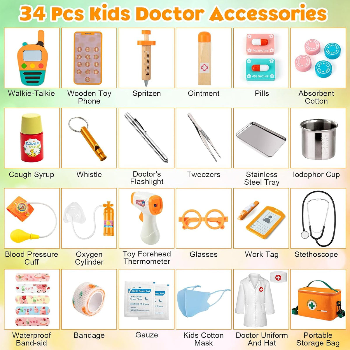 EFO SHM Kit de médico para niños, 34 piezas para niños pequeños de 3 a 5 años con bolsa de almacenamiento médico y estetoscopio real, para niños y niñas, divertido juego de rol, juego de doctor para