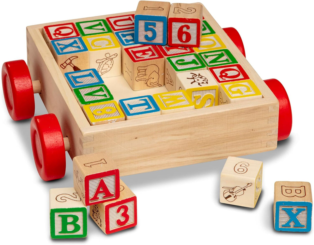 Melissa & Doug Carro de Bloques de Madera Clásico ABC, Juguete Educativo con 30 Bloques de Madera Maciza de 1 Pulgada, Multicolor