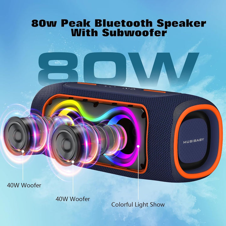 Musibaby Altavoz Bluetooth de 80 W, altavoz inalámbrico portátil co...